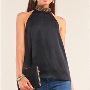 Black Satin Sleeveless Halter Neck Grommet Detail